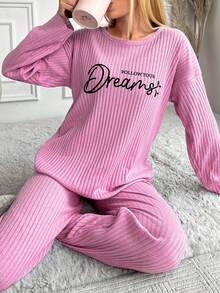 Loomlin 100%Cotton Letter Graphic Ribbed Knit Lounge Set - Pink - View 1