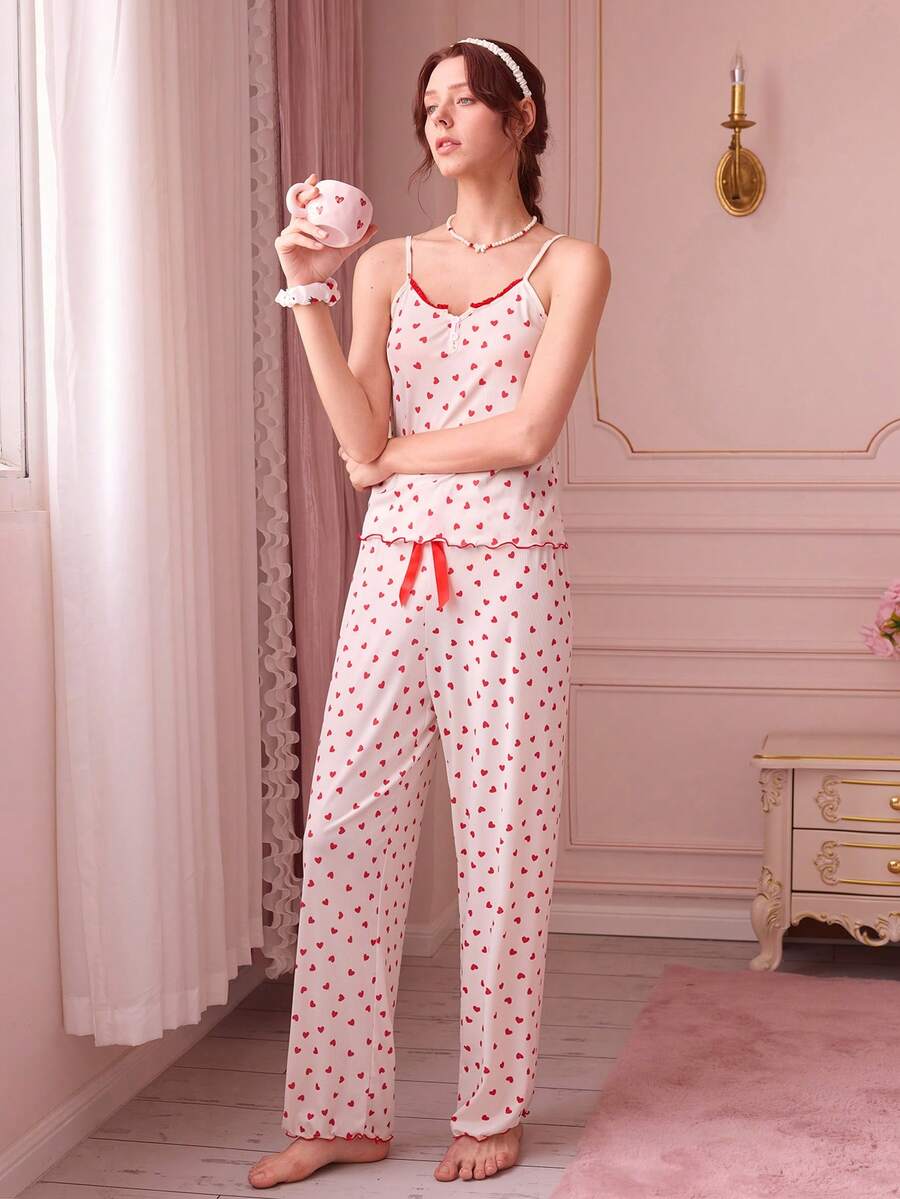 Bonmuse 休闲年轻针织睡衣套装，带心形印花和细肩带，女士心形睡衣套装草莓睡衣套装心形印花睡衣套装红色心形睡衣女士心形睡衣 - 杏色 - 查看 1