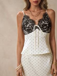 NOVVYNE Women's Lace Patchwork White With Black Polka Dots,Summer,Seductive,Date Night Twist Camisole Top And Mini Skirt Fashion Outfit Set Luxury Dresses - Apricot - View 5