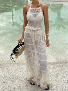 Livesso 女士透视系带上衣和长裙休闲沙滩装，性感优雅 - 杏色 - 查看 2