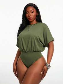 SHEIN SXY 大码女式纯色圆领褶皱休闲连体衣，日常百搭 - 綠色 - 查看 1