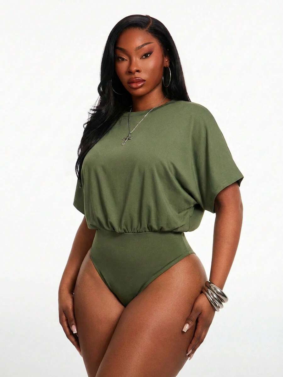 SHEIN SXY 大码女式纯色圆领褶皱休闲连体衣,日常百搭 - 綠色 - 查看 1