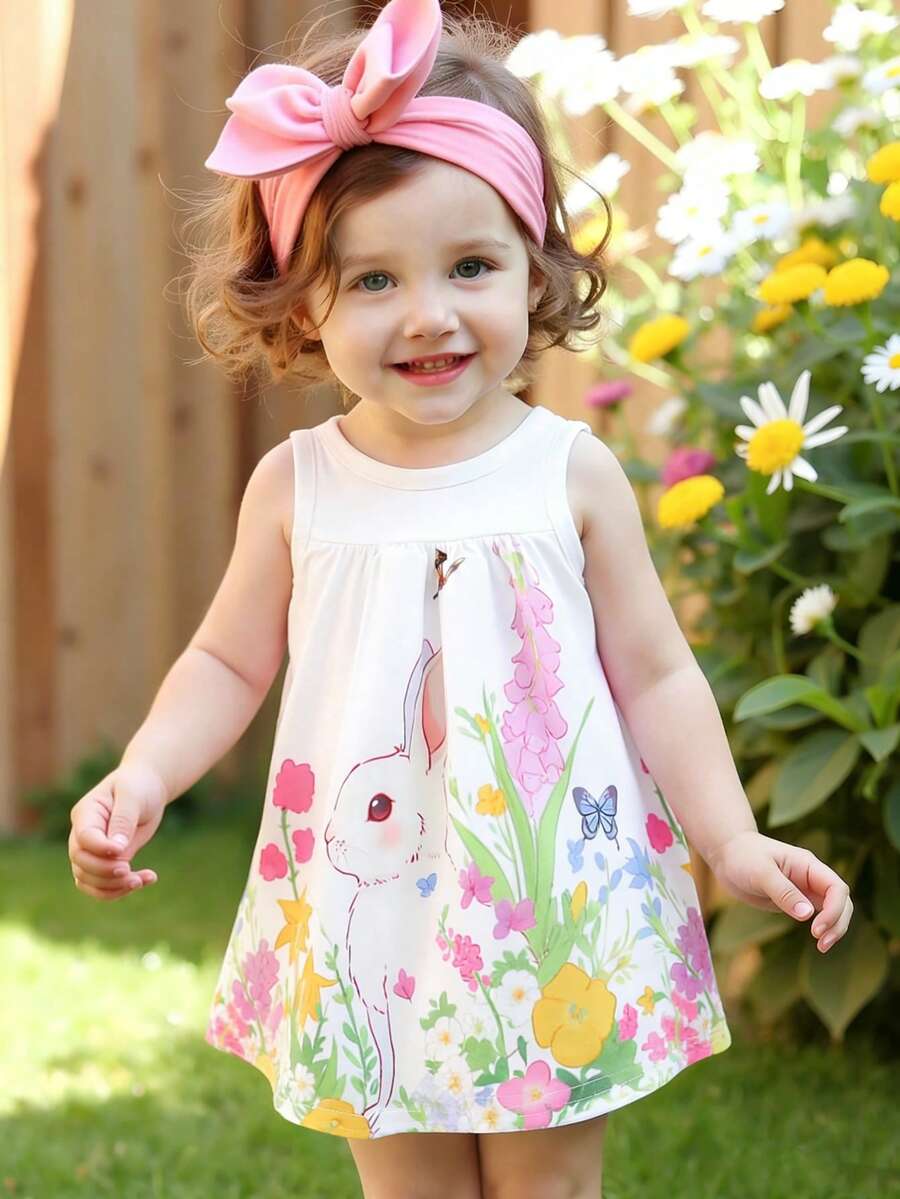 SHEIN Playful Pals Baby Girls' Cute Rabbit & Floral Print Sleeveless Dress, Spring/Summer - White - View 1