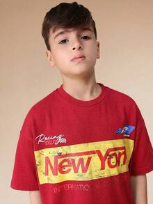 SUMWON Boys New York International Graphic Print Tee Shirt With Racing Style Patches And Text - Red - View 5