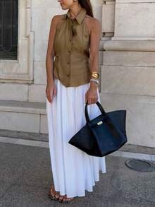 Solivie 女士春夏露背收腰露背上衣，百搭优雅，适合外出、通勤和度假 - 卡其色 - 查看 6