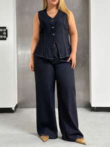 EURMUSE Woman Denim Set Smart Casual Sleeveless Vest And High Waist Straight Jean - Dark Wash - View 7