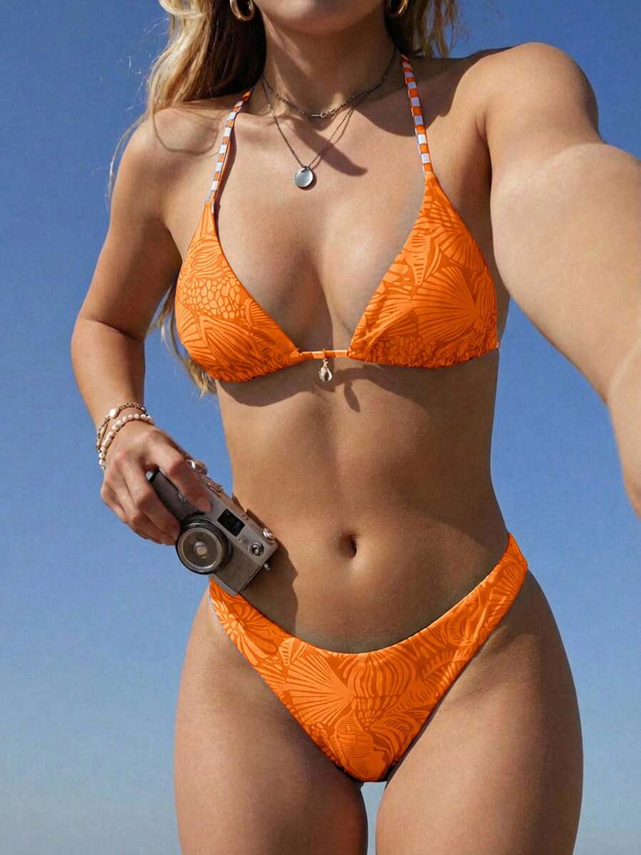 Swim Mod Set Bikini Liburan Pantai Musim Panas 2026 Motif Kerang Tropis Manis Lucu Warna Oranye - Jeruk - View 1