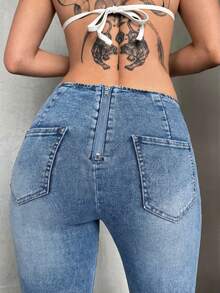 EgrlEra Quần jeans ống loe buộc dây dành cho nữ, kiểu dáng thường ngày, đa năng. - Rửa nhẹ - Xem 3