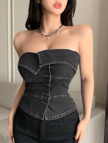 DAZY Áo tank top crop top ôm sát gợi cảm kiểu dáng lễ hội âm nhạc, vạt áo bất đối xứng, phối nhiều mảnh vải, thích hợp cho nữ mùa hè và mùa xuân. - Xám - Xem 6