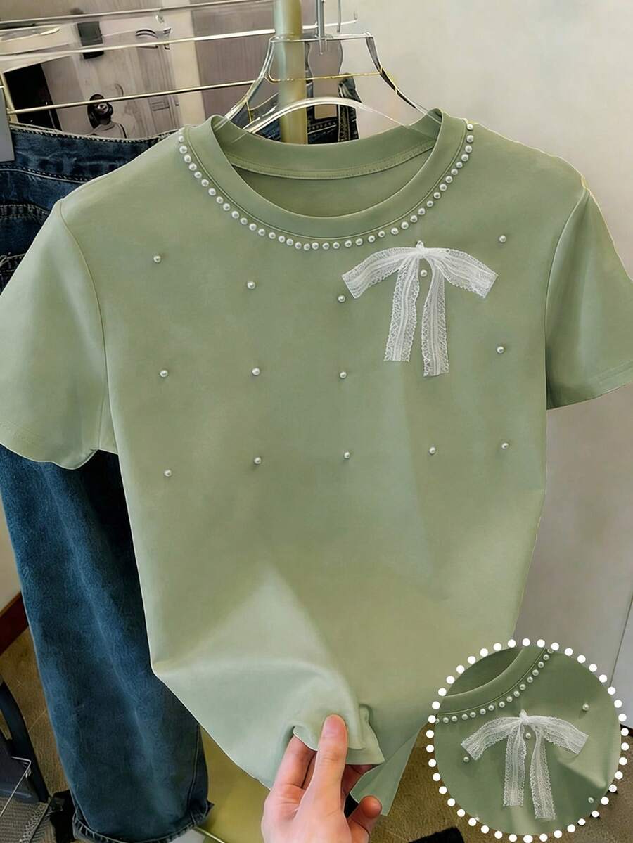 Resyla Women's Pink Bow Pearl Decor Sweet Y2K Short Sleeve T-Shirt, Suitable For Dates, Daily Wear, Commuting, Versatile, Fashionable, Casual Green T Shirt Lace Bow Top Pearl Embellished Top Light Green Tops Sage Green Tops Cute Shirt T Shirt For Women Clothes T Shirt Bow Detail Shirt - Olive Green - View 1