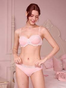 Bonmuse 2pcs Women Elegant Contrast Lace Patchwork Lingerie Set Lace Bra Set Push Up Lingerie Set Underwire Lingerie Set Padded Lingerie Set - Pink - View 4