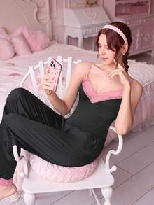 Bonmuse 女士睡衣套装（含蕾丝花边吊带背心和裤子） - 黑色 - 查看 7