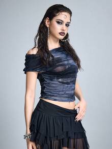 ROMWE Grunge Punk Distressed Tie-Dye Laser Cut Asymmetric Shoulder Fitted Top - Grey - View 4