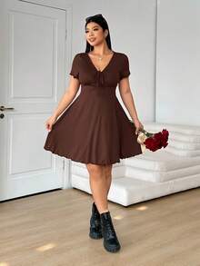 Enliva Plus Size Women Valentine's Day Red V-Neck Front Tie Dress Milkmaid Dress, For Body Shape, For Summer - Brown - View 5
