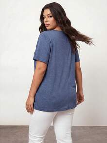 Enliva Plus Size Women Summer Solid Color Notched V-Neck Short Sleeve Casual T-Shirt, For Apple And Rounded Body Shape - Dusty Blue - View 2