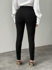 SHEIN PETITE Black Sequin Panel Cropped Skinny Pants - Black - View 2