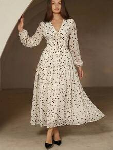 Aveloria Rosie 复古波点V领修身优雅系带长袖雪纺连衣裙 - 米色 - 查看 4