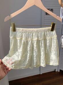 Comfortcana 女士杏色蕾丝迷你裙：休闲半透明针织裙，荷叶边下摆细节 - 杏色 - 查看 5