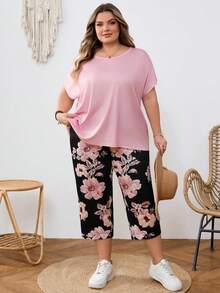 SHEIN CURVE+ Plus-Size Women's Pink Raglan Top T-Shirt And Floral Print Pants, A Two Pieces Set Suitable For Spring And Summer - Multicolor - View 6