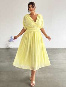 Firerie Đầm dự tiệc thanh lịch dành cho nữ cỡ lớn, màu trơn, cổ chữ V sâu, eo nhún. - Vàng nhạt - Xem 3