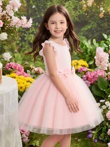Glamorique Kids 女婴春夏新款纯色缎面撞色网纱3D蝴蝶结优雅派对薄纱喇叭袖连衣裙 - 粉色 - 查看 10