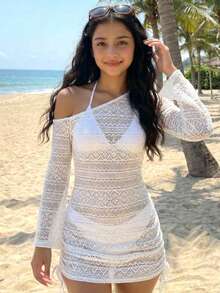 SHEIN 少女白色针织露肩镂空沙滩度假修身短款罩衫 - 白色 - 查看 1