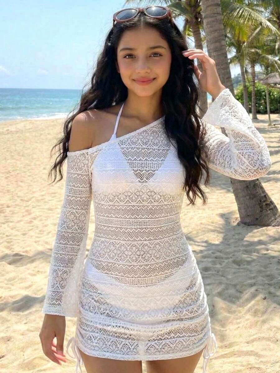 SHEIN 少女白色针织露肩镂空沙滩度假修身短款罩衫 - 白色 - 查看 1