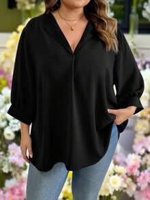 SHEIN CURVE+ Bluză neagră, casual, solidă, cu mânecă episcopală, mărime plus, ținute occidentale pentru femei, boho, hippie, cowgirl, boem, Old Money, vară, concert, festival rave, vară boho, Old Money, vară, vacanță de primăvară, festival rave, vacanță de primăvară/2026/Anul Nou - Negru - Vizualizare 13