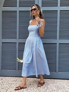 SHEIN Frenchy 女士休闲格子无袖中长连衣裙，适合度假穿着 - 藍白色 - 查看 6