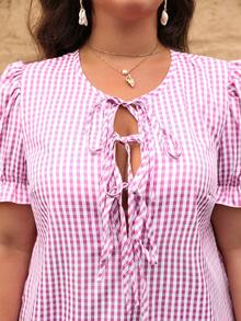 Breezaya Plus Size Women Plaid Front Tie Short Puff Sleeve Ruffle Hem Dress - Multicolor - View 4
