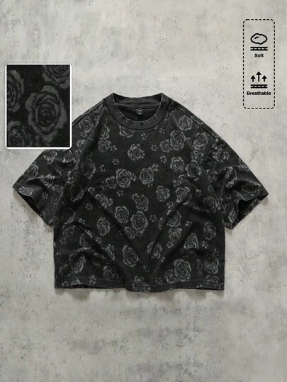 ROMWE MEN Men's Floral Print Round Neck Casual Everyday Wear Short Sleeve T-Shirt