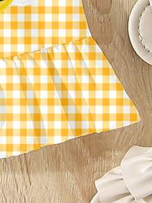 春夏女童休闲时尚创意个性清新可爱卡哇伊黄白格子蜜蜂图案印花无袖荷叶边连衣裙，舒适日常穿着 - 彩色 - 查看 7