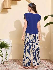 2pcs/Set Teen GirlVacation Casual Cap Sleeve Shirt With Floral Pants, Suitable For Beach & Leisure - Royal Blue - View 2