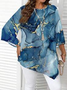 EMERY ROSE Casual Ink Marble Texture Pattern Round Neck Long Sleeve Plus Size Shirt, Suitable For Spring And Autumn - Multicolor - View 5