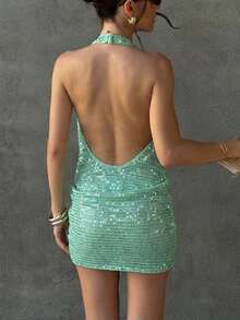 Aloruh 新款性感露背露肩迷你紧身亮片连衣裙，适合音乐节、派对等场合，凸显娇小身材。 - 綠色 - 查看 2