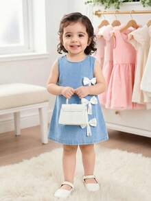 Baby Girls' Cute White Wide Ribbon Bow Sleeveless Loose A-Line Dress - Medium Wash - View 4