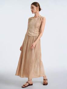Aalyst Women's Textured Fabric Casual Tank Top And Skirt 2 Pieces Set - Apricot - View 3