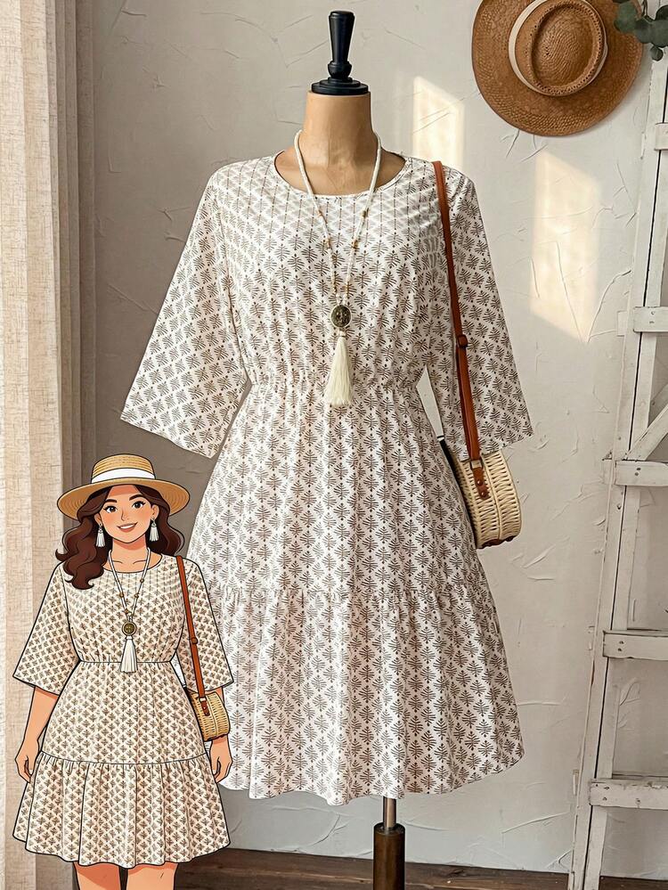 Plus Size Casual Allover Print Cinched Waist Dress Summer Dress  Summer Outfits Summer Clothes Spring Dress Spring Outfit Women Spring Clothing Country Style For Women Country Dress For Women