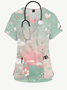 PopScrub Áo đồng phục y tá in hình hoạt họa hoa lá mộng mơ, cổ chữ V, tay ngắn, đồng phục y tá thời trang dành cho nữ, mùa xuân/hè. - Nhiều màu - Xem 1