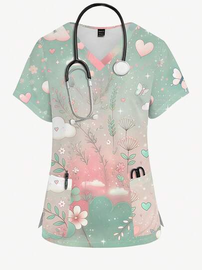 PopScrub Dreamy Floral & Plant Graphic Cartoon Print Nurse Uniform Top, V-Neck Short Sleeve Scrub Top, Fashion Nursing Uniform For Women, Spring/Summer