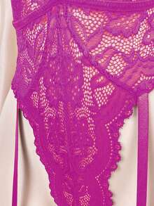 Seduluxe 女士蕾丝连体裤三件套，经典性感无钢圈连体裤及吊袜带 - 玫紅色 - 查看 6