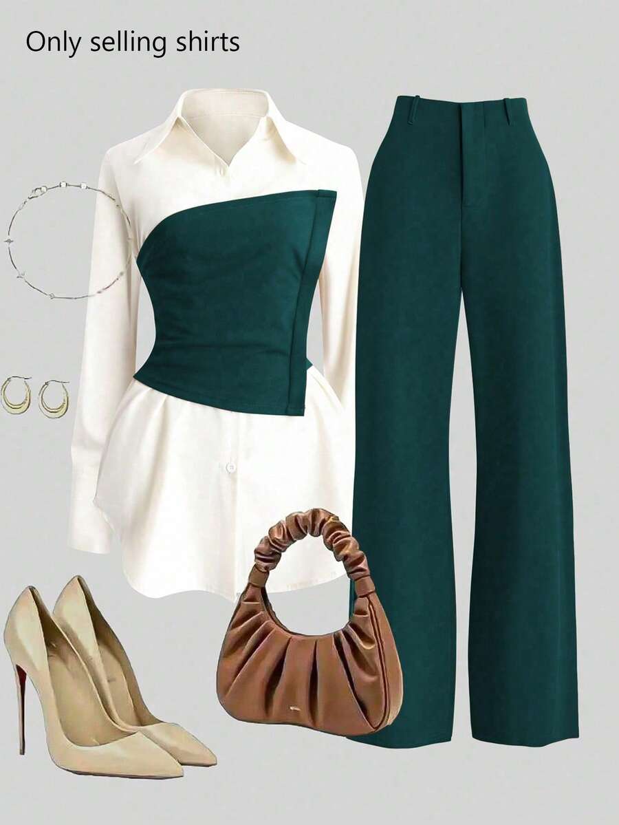 Franclia Elegant Patchwork Casual Long Sleeve Shirt - Dark Green - View 1