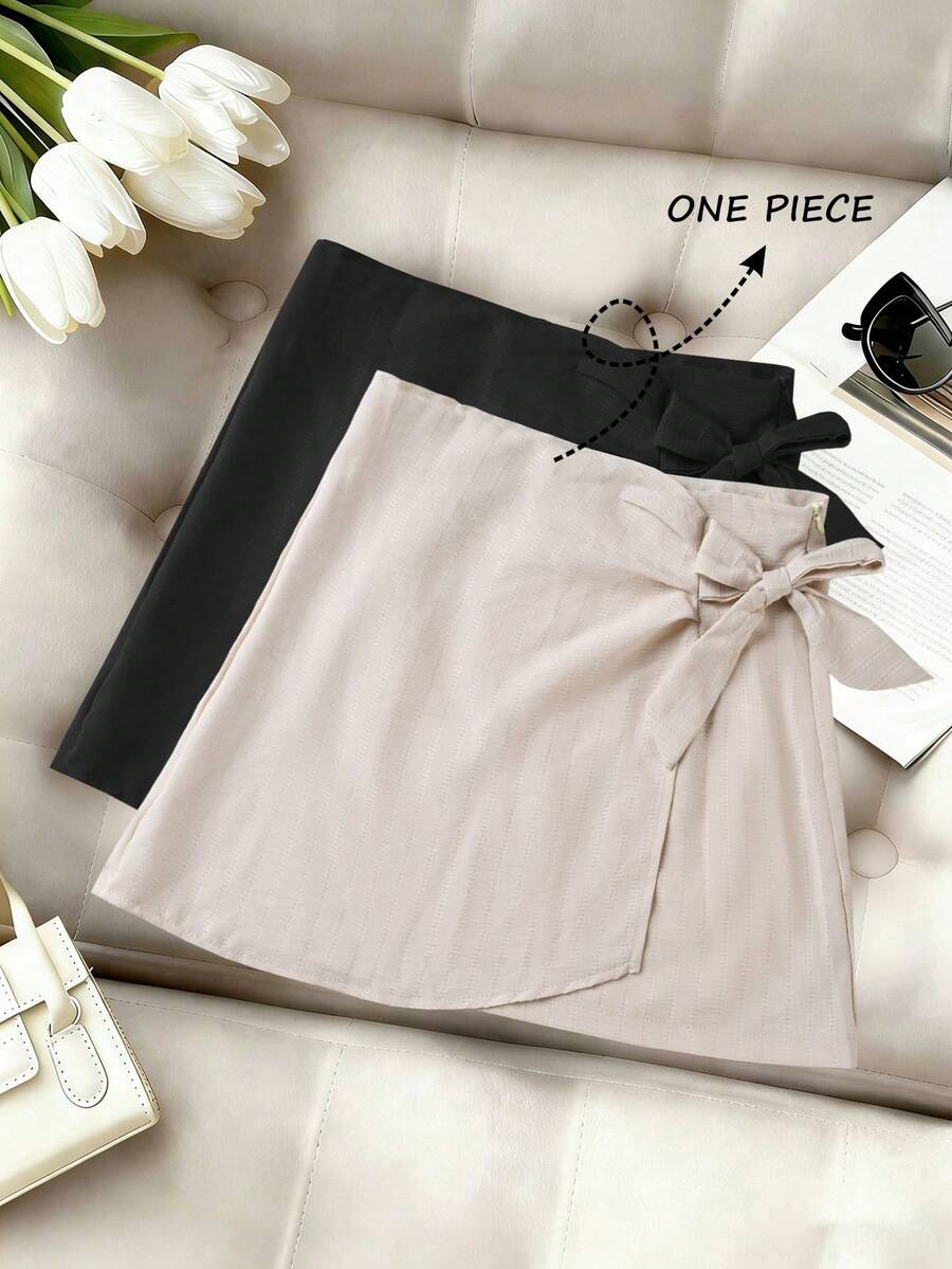 Franclia 女士常规梭织纹理面料半身裙，前中褶皱拼接，系带腰身 - 杏色 - 查看 1