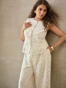 MOTF PREMIUM CONJUNTO DE CHALECO Y PANTALONES DE ENCAJE HUECO DE VERANO, CONJUNTO DE ROPA A JUEGO DE ENCAJE FRANCÉS DE MODA, CONJUNTO DE 2 PIEZAS VERSÁTIL PARA MUJER TALLA GRANDE - Albaricoque - Ver 6