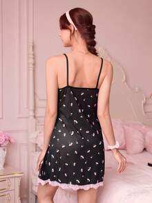 Bonmuse CottageSlumber 女式罗纹针织花卉蕾丝边蝴蝶结性感吊带睡衣 - 黑色 - 查看 2