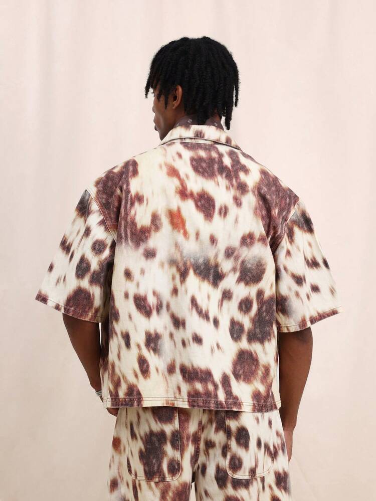 SUMWON Mens Oversized Tie Dye Denim Button Down Shirt With Point Collar Short Sleeve Casual Streetwear Summer Spring