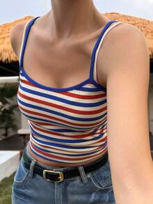 DAZY 休闲度假风彩色条纹无袖上衣，波西米亚海滩街头时尚女式背心，春夏款 - 藏蓝色 - 查看 4