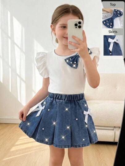 Elladie kids 2pcs/Set Young Girls Round Neck Puff Sleeve Ruffle Collar Bow Decor White T-Shirt + Elastic Waist Denim Pleated Pearl Decor Washed Blue Skirt Casual Cute Outfit, Suitable For Summer Daily Outing Or Travel Photography