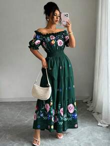 Modelyn 女士露肩花瓣袖印花收腰A字浪漫优雅休闲夏季连衣裙 - 綠色 - 查看 7