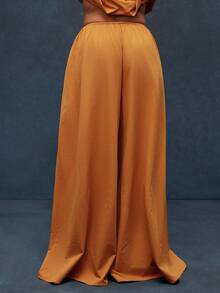 Solid Woven Drawstring Adjustable Waist Wide Leg Flowy Pants - Redwood - View 4